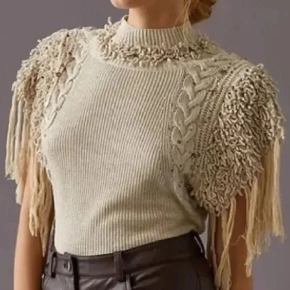 Anthropologie Fringe Sleeved Ivory Knit Blouse Top size Small - Picture 2 of 6